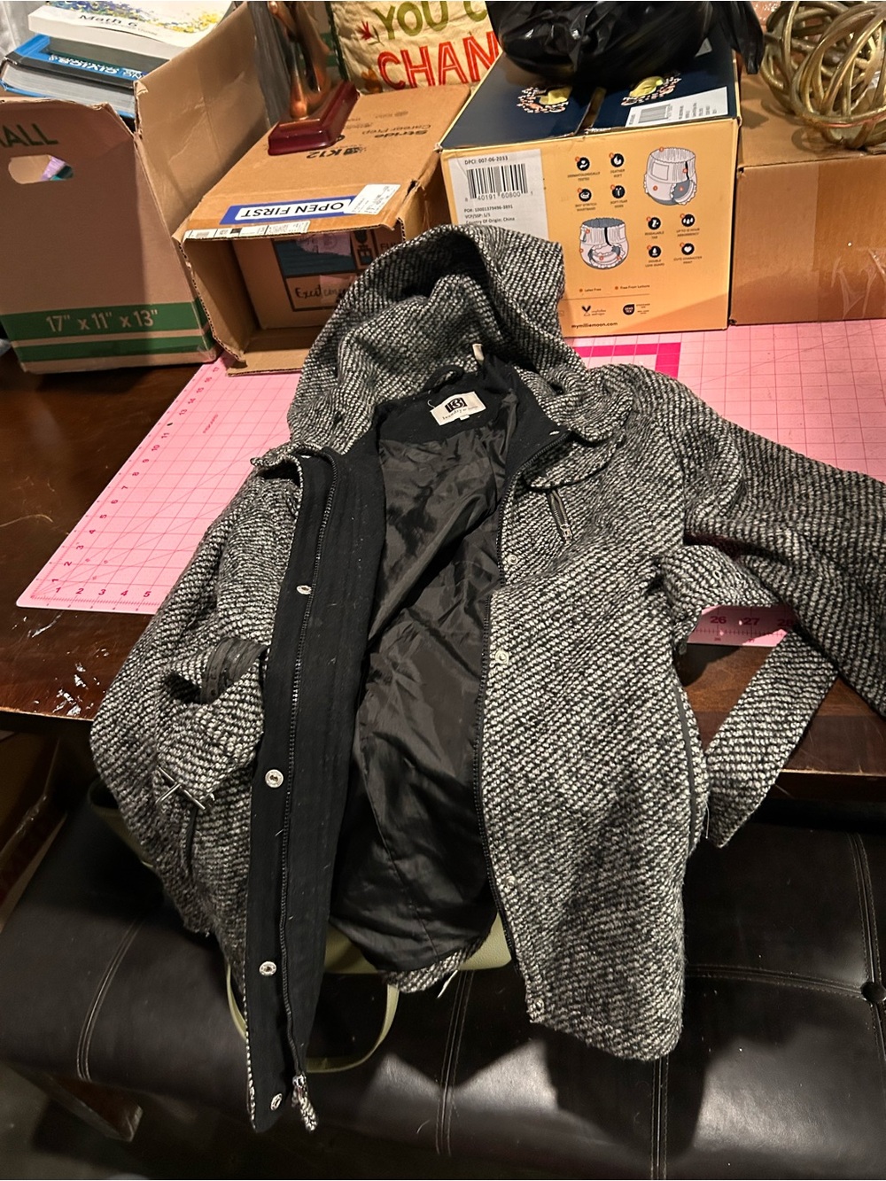 Laundry by Design Black and White Herringbone Coat with Hood